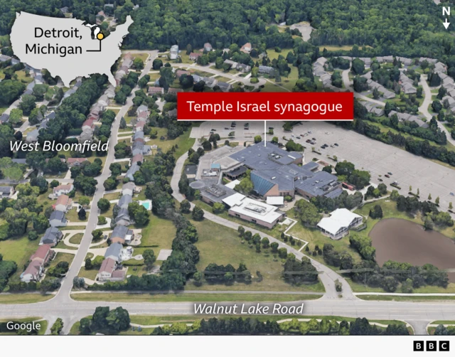 A map showing Temple Israel synagogue in Detroit Michigan