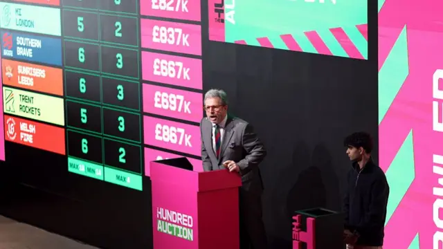 Auctioneer Richard Madley during The Hundred 2026 men's auction at Piccadilly Below the Lights
