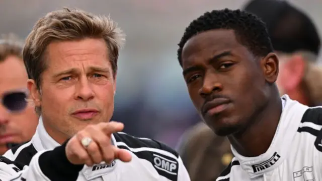Brad Pitt and Damson Idris in F1 track gearf