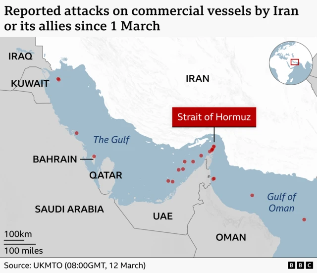 A map of the Middle East showing The Gulf and the Strait of Hormuz, with Iran to the east and the states of Iraq, Kuwait, Saudi Arabia, Bahrain, Qatar, UAE and Oman running anti-clockwise around the west coast to the Arabian Sea. The map shows reported attacks on commercial shipping since the start of the Iran war. Around 20 attacks are plotted with a clear cluster at the narrowest point of the strait and another looser cluster off the coast of UAE where the strait opens out into The Gulf. There are four other attacks scattered across The Gulf all the way to the coast of Iraq and Kuwait in the northwest. There are also two attacks reported in the Gulf of Oman in east before it opens out into the Arabian Sea.