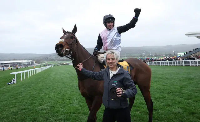 Darragh O'Keeffe celebrates after riding Heart Wood to victory
