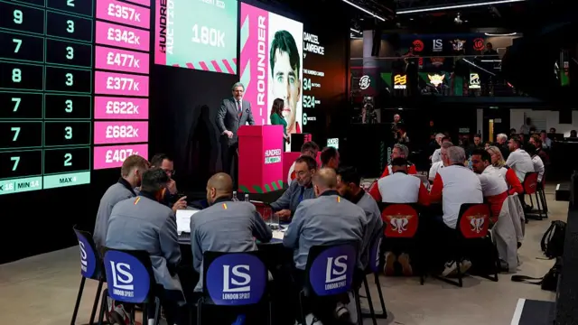 A general view as Daniel Lawrence is auctioned during The Hundred 2026 men's auction