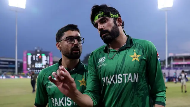 Abrar Ahmed and Usman Tariq of Pakistan celebrate winning the ICC Men's T20 World Cup India & Sri Lanka 2026 match between Pakistan and Namibia