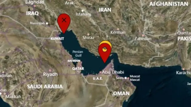 A map showing the location of three reported attacks, one in the northern Gulf, one near the strait of Hormuz