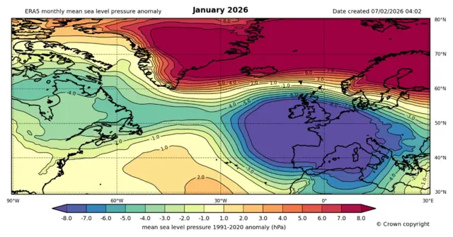 A weather chart showing monthly mean sea level pressure