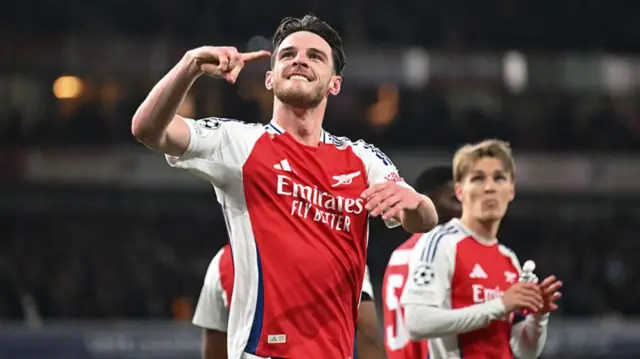 Declan Rice of Arsenal celebrates scoring his team's second goal