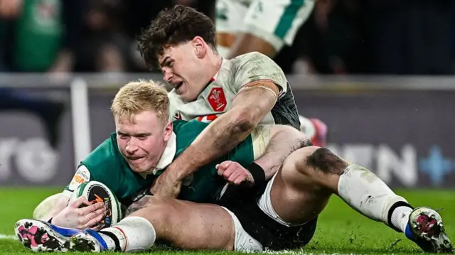 Jamie Osborne scores for Ireland against Wales