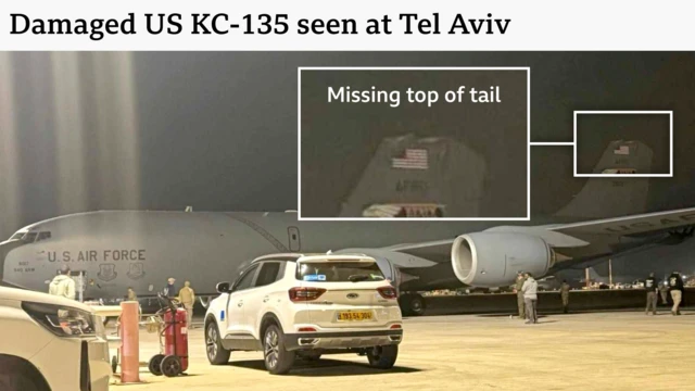 A BBC Verify annotation of a picture of KC-135 at Tel Aviv airport with damage to the tailfin that we have highlighted