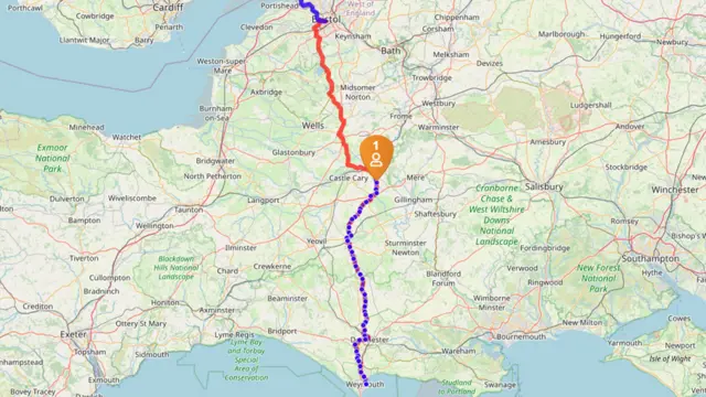 Map showing a route from Weymouth to Bristol.