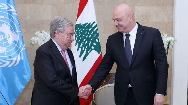 Lebanon's President Joseph Aoun (R) receiving United Nations Secretary General Antonio Guterres (L) at the Presidential Palace in Baabda