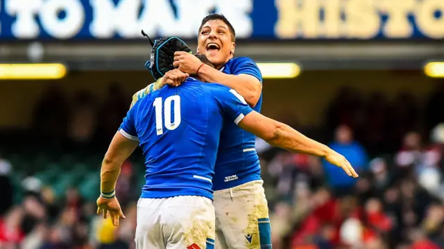 Italy celebrate winning in Wales in the 2022 Six Nations