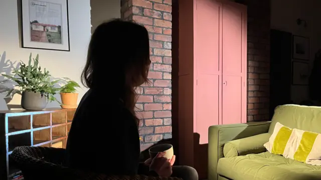 A photo of a woman with her identity hidden. Her silhouette is at the side of the frame. A chair, shelves and plants can be seen behind her.