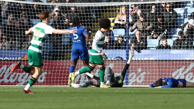 QPR players celebrate as Ben Nelson diverts the ball over the line