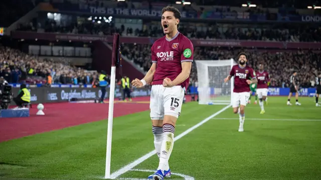 Mavropanos celebrating his goal for West Ham