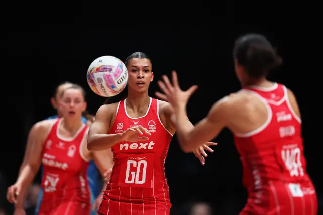 Jayda Pechova of Nottingham Forest throws the ball during Netball Super Cup 2026