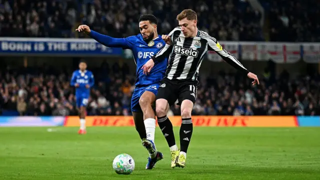 Recce James and Harvey Barnes battle for the ball