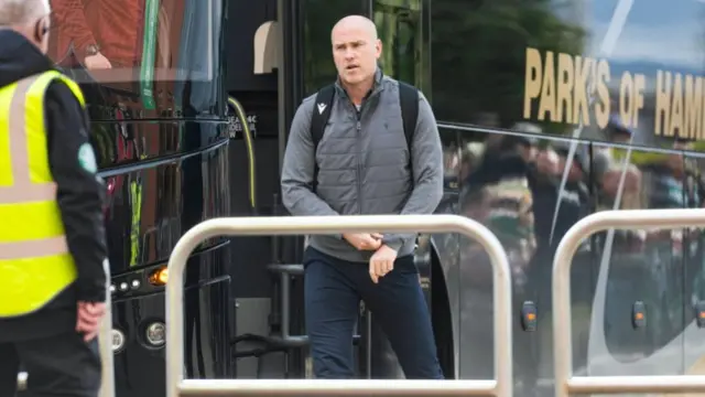 Motherwell manager Jens Berthel Askou arrives at Celtic Park
