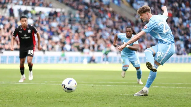 Victor Torp scores from the penalty spot for Coventry