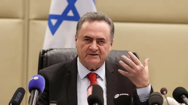 Israeli Defence Minister Israel Katz pictured earlier this year. He's sitting down in front of several mics whilst gesturing with his left hand. He's wearing a dark suit, white shirt and red tie; a Israeli flag behind him