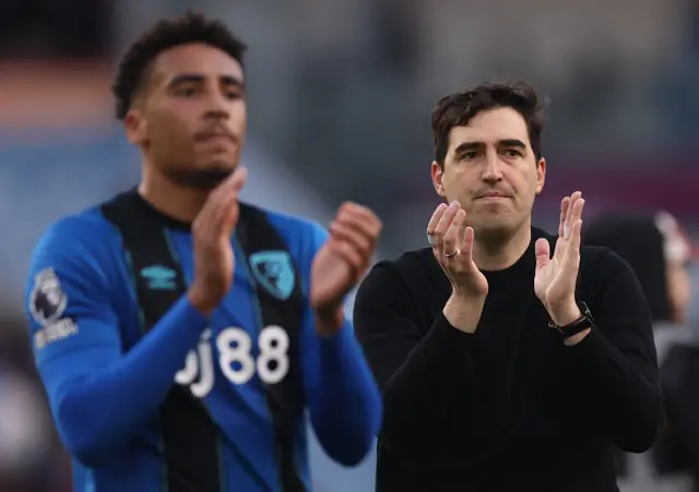 Andoni Iraola, Manager of AFC Bournemouth, acknowledges the fans