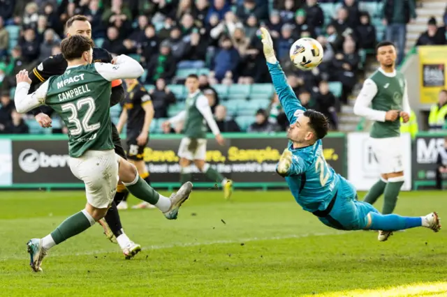 Josh Campbell skies a great chance to give Hibs the lead