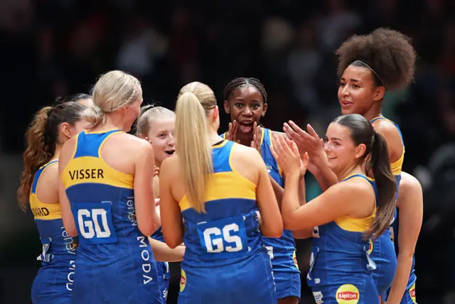 Yomi Wilson of Leeds Rhinos reacts in a team huddle during Netball Super Cup 2026