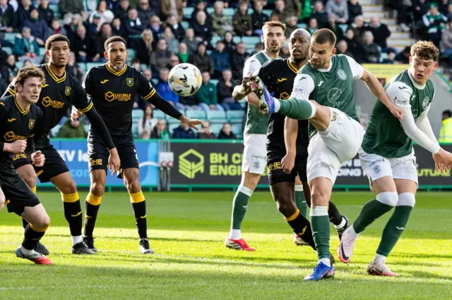 Hibs forward Ante Suto has a shot saved