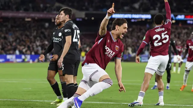 Mavropanos celebrates his goal for West Ham
