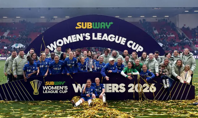 Players of Chelsea pose for a photo with the Subway Women's League Cup trophy