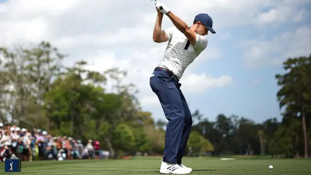 Ludvig Aberg hits a driver off the first tee at TPC Sawgrass in the final round of The Players Championship