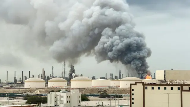 Smoke rises following a strike on the Bapco Oil Refinery, amid the U.S.-Israeli conflict with Iran, on Sitra Island Bahrain, March 9.