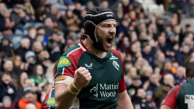 Leicester Tigers' Harry Wells celebrates their Prem Rugby Cup semi-final win over Bath