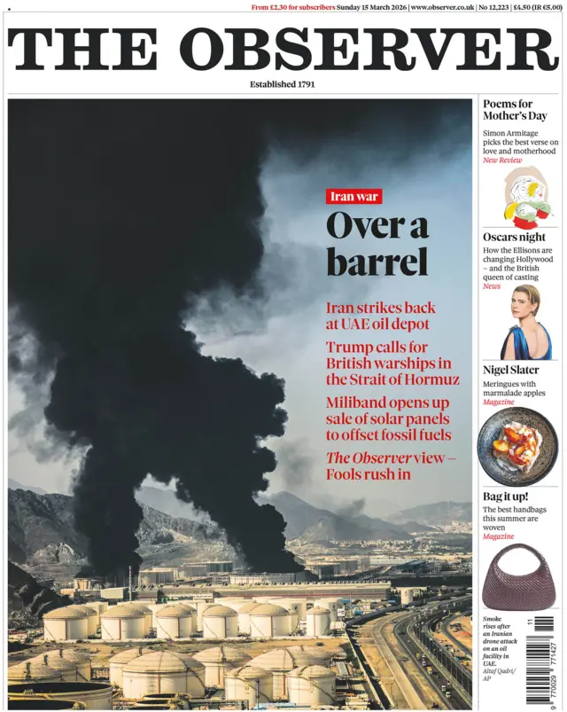 The Observer front page, large image of smoke rising in UAE with headling 'over a barrel'