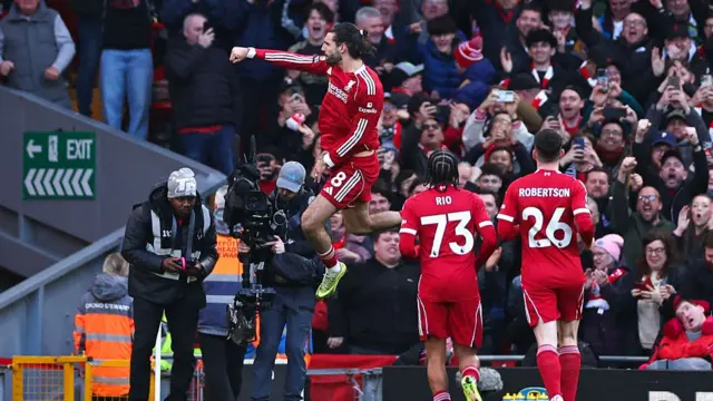 Liverpool's Dominik Szoboszlai celebrating the opening goal.