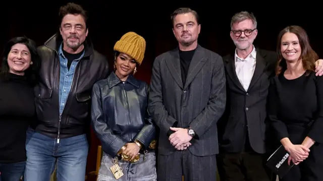 L-R: One Battle After Another's Cassandra Kulukundis, Benicio del Toro, Teyana Taylor, Leonardo DiCaprio, Paul Thomas Anderson and Julia Cunningham