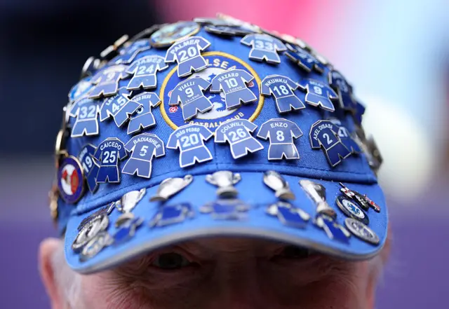 BRISTOL, ENGLAND - MARCH 15: A detailed view of Chelsea themed pins on a Chelsea branded cap prior to the Subway Women's League Cup Final match between Chelsea and Manchester United at Ashton Gate on March 15, 2026 in Bristol, England. (Photo by Molly Darlington - WSL/WSL Football via Getty Images)