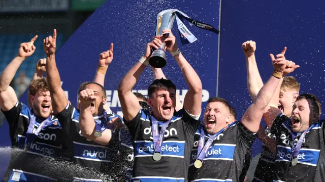 Bath lift the 2025 Prem Rugby Cup trophy after defeating Exeter