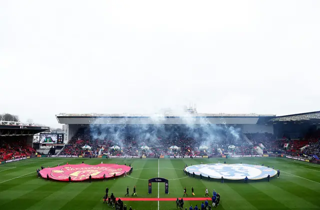 A general view inside the stadium as players walk out of the tunnel prior to the Subway Women's League Cup Final match between Chelsea and Manchester United at Ashton Gate on March 15, 2026 in Bristol, England.