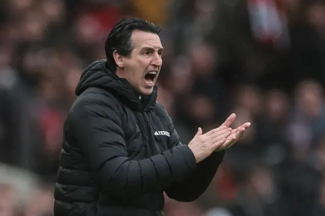 Unai Emery, manager of Aston Villa, reacts
