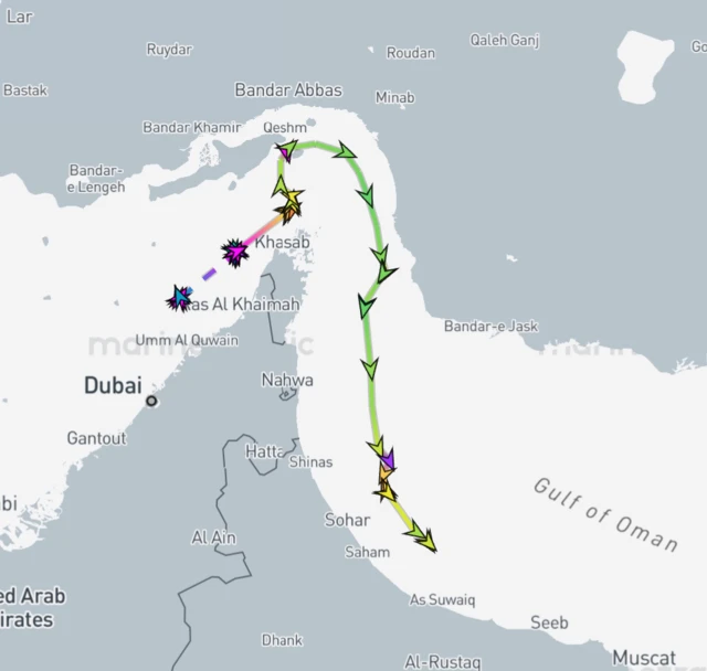 A screengrab from tracking site MarineTraffic showing the course of tanker Pakistan as it headed north towards Iran before turning south into the Gulf of Oman