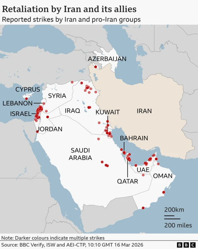 A regional map highlighting Iran in white with its name in black. Countries that have come under fire from Iran are labelled - Israel, Cyprus, Lebanon, Iraq, Kuwait, Jordan, Bahrain, Qatar, UAE, Oman, Saudi Arabia, Azerbaijan, Syria. Surrounding countries are grey.