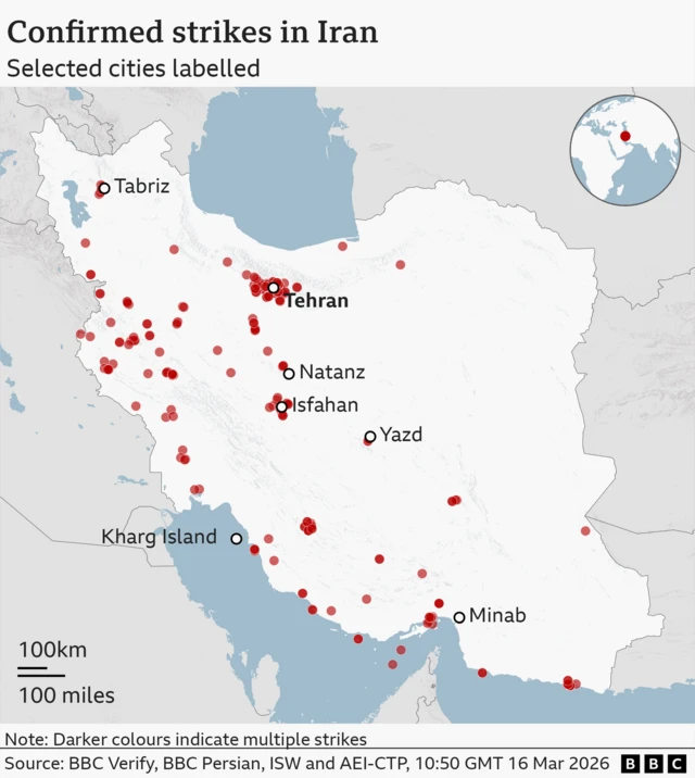 The image is a map of Iran with red dot symbols indicating locations which have had one or more US and Israeli strikes. In addition some key cities are labelled, these include:  - Tabriz (north west Iran) - Tehran (north central Iran, the capital) - Natanz (central Iran) - Isfahan (central Iran) - Yazd (central Iran) - Minab (south Iran)  Also labelled is Kharg Island, to the south-west of Iran. The map includes a small inset globe in the top-right corner highlighting Iran’s location in the Middle East. A BBC logo appears in the bottom-right corner. The borders of surrounding countries and coastlines are faintly outlined, but the focus is on the distribution of strike locations across Iran.
