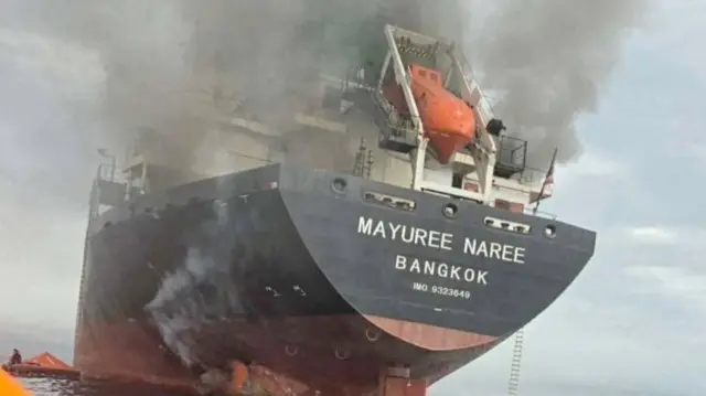 The Thailand-flagged cargo ship Mayuree Naree engulfed in black smoke in the Strait of Hormuz, March 11, 2026