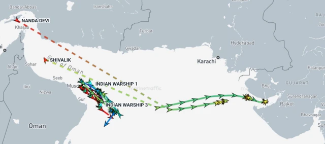 A MarineTraffic graphic showing the approximate track of the two ships through the Strait of Hormuz to Indian - dotted lines represent the approximate track at the time they had their AIS signals off