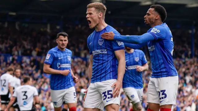 Portsmouth defender Rob Atkinson celebrates