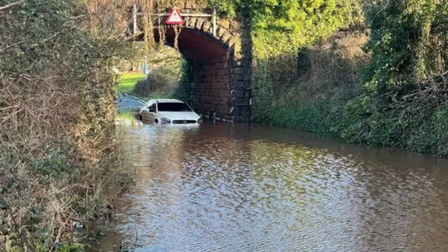 A white car stuck in floodwater under a brick bridge, with greenery on either side
