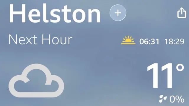 A screen shot of a BBC Weather app giving the weather for Helston in Cornwall