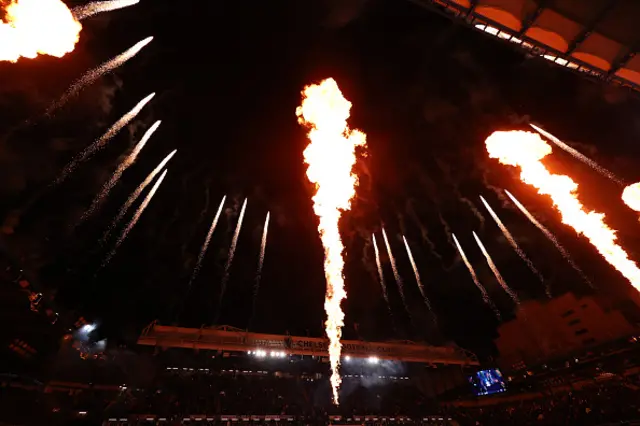 A general view of Stamford Bridge as fireworks are set off
