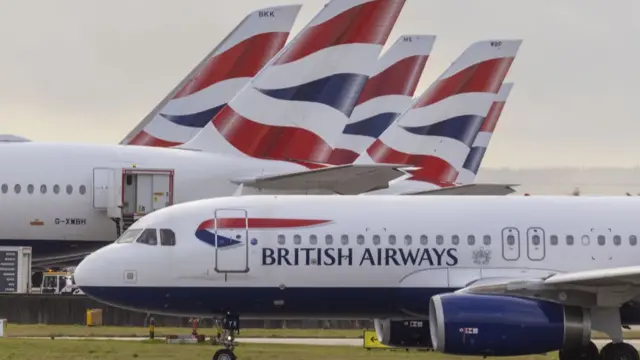 A fleet of British Airway flights parked on the ground