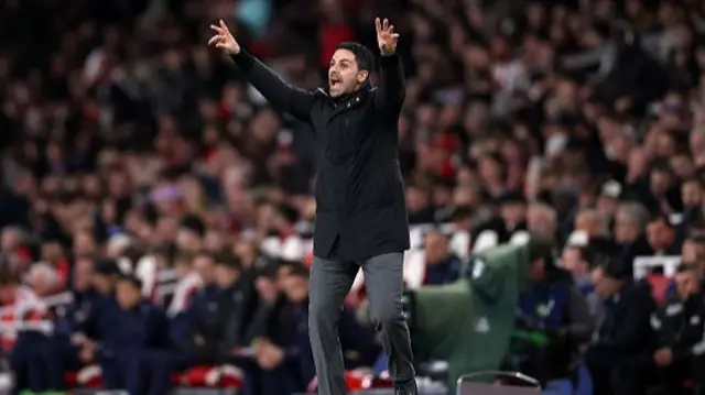 Mikel Arteta, Manager of Arsenal, reacts